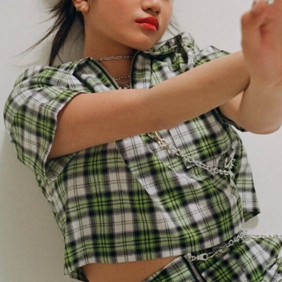 Ragged Priest Cooler Shirt Green White Plaid Chain Half Zip Cropped Shirt M - Picture 1 of 7